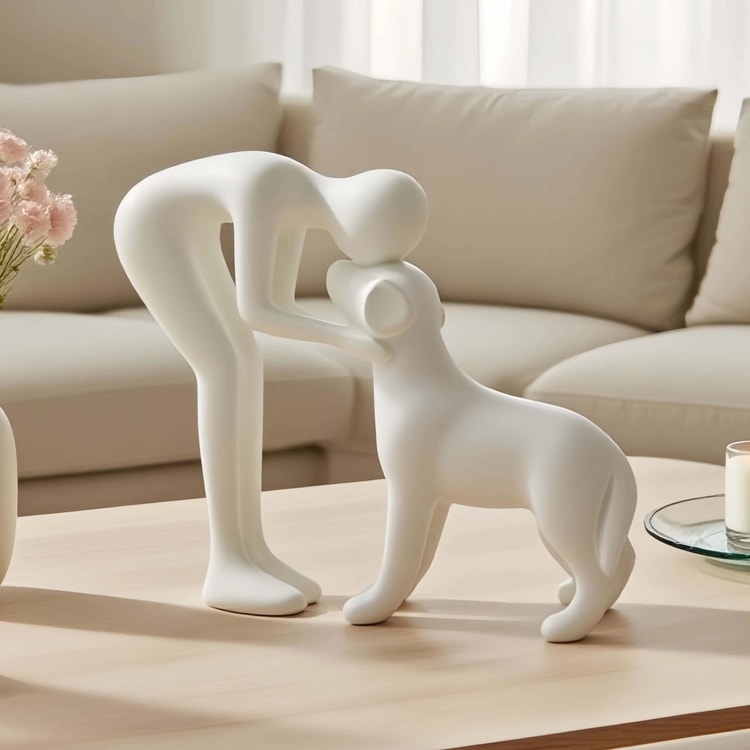 Elegant Black Dog and Owner Sculpture – Minimalist Home Decor Accent