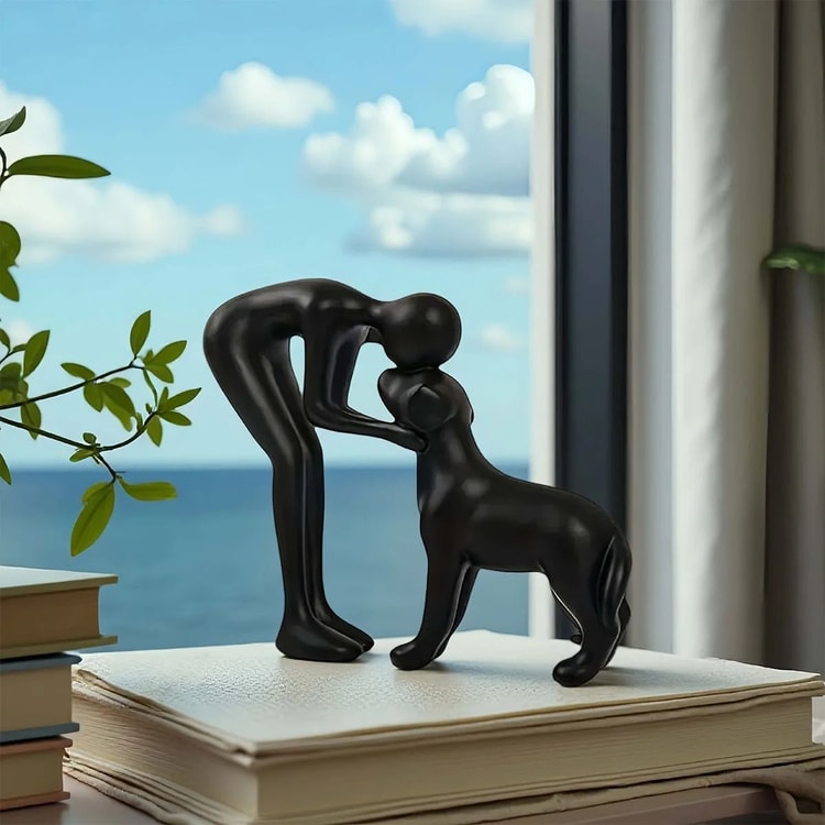 Elegant Black Dog and Owner Sculpture – Minimalist Home Decor Accent