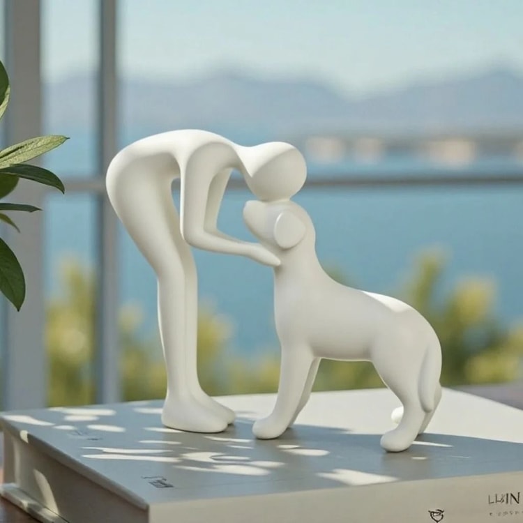 Elegant Black Dog and Owner Sculpture – Minimalist Home Decor Accent