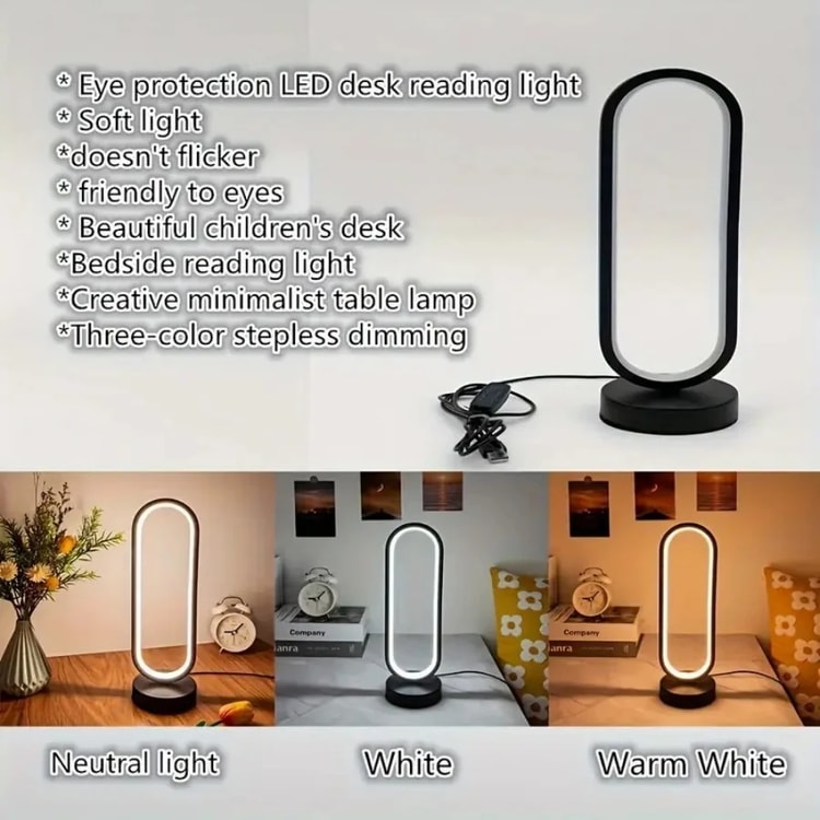 LED USB Dimmable Bedside Lamp – Small Ring Table Lamp for Bedroom & Living Room, Black and White