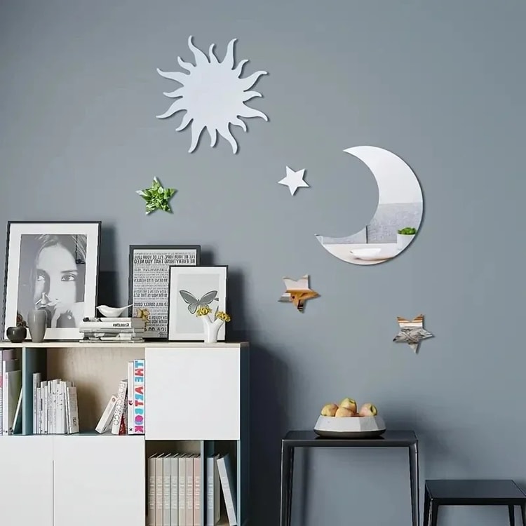 6 Pcs Star & Moon Mirror Wall Stickers – Decorative Celestial Wall Decals for Ramadan, Eid, Bedroom & Living Room