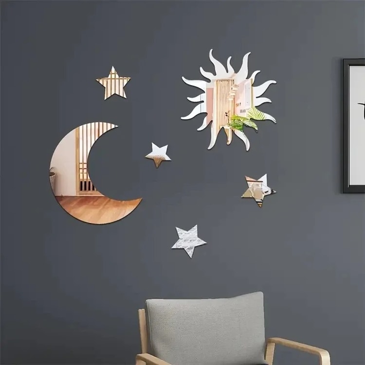 6 Pcs Star & Moon Mirror Wall Stickers – Decorative Celestial Wall Decals for Ramadan, Eid, Bedroom & Living Room