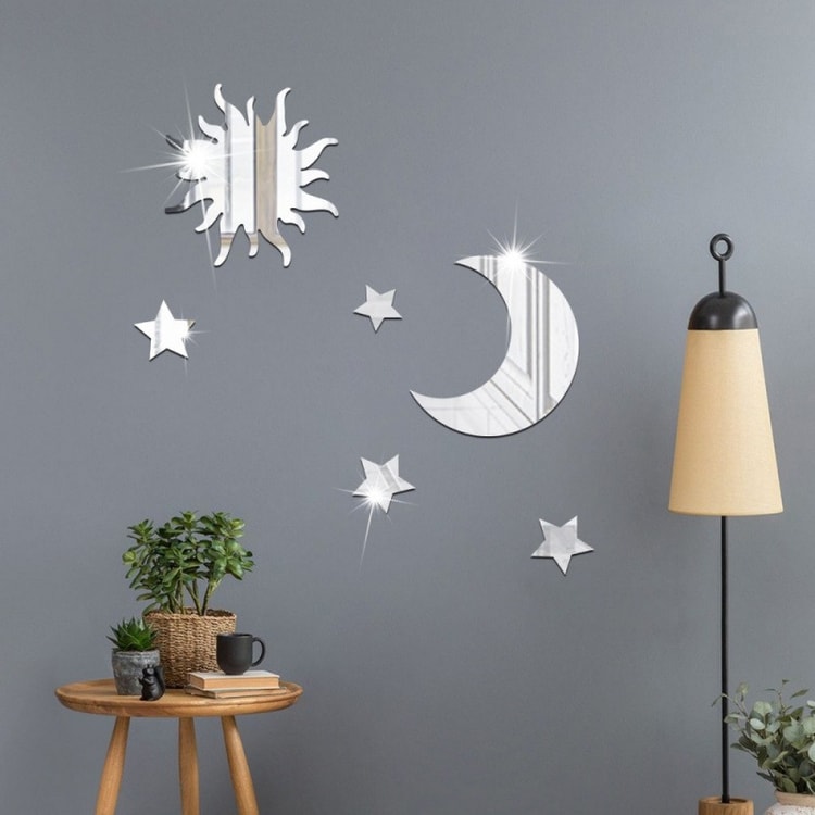 6 Pcs Star & Moon Mirror Wall Stickers – Decorative Celestial Wall Decals for Ramadan, Eid, Bedroom & Living Room