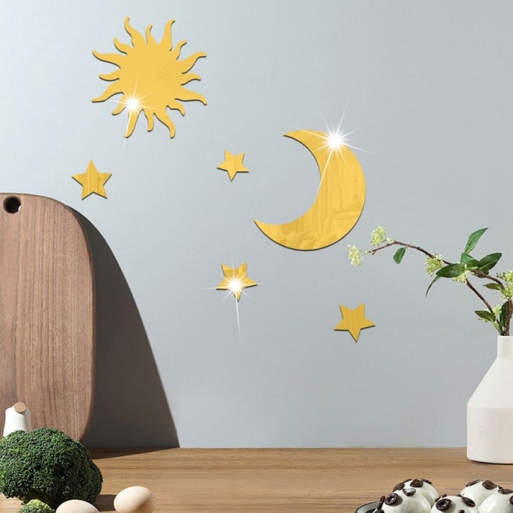 6 Pcs Star & Moon Mirror Wall Stickers – Decorative Celestial Wall Decals for Ramadan, Eid, Bedroom & Living Room