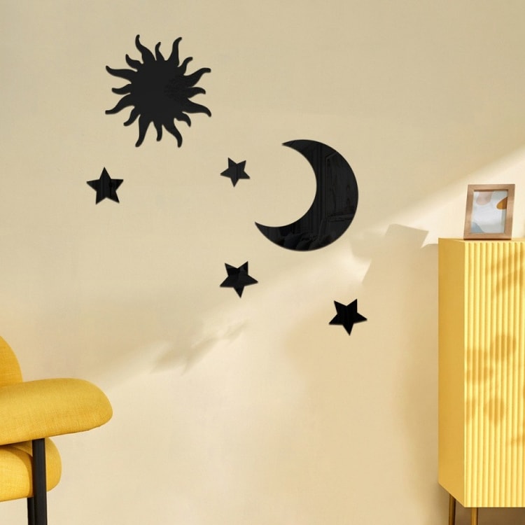 6 Pcs Star & Moon Mirror Wall Stickers – Decorative Celestial Wall Decals for Ramadan, Eid, Bedroom & Living Room