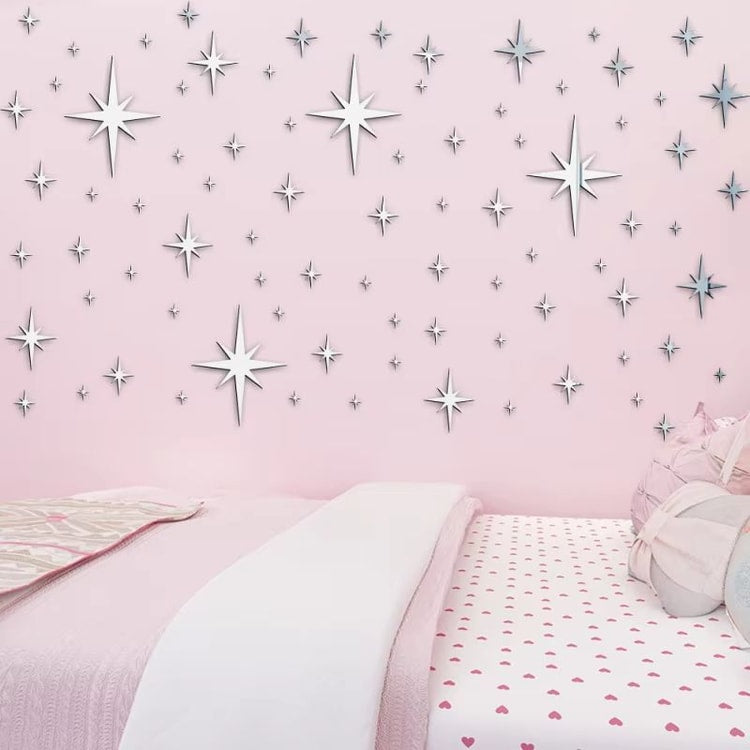 82-Piece Acrylic Mirror Wall Stickers – 3D Star Wall Decor, Self-Adhesive Decorative Tiles for Home, Bedroom & Living Room