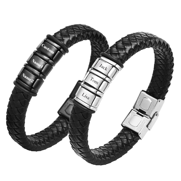 Engraved Personalized Leather Braid Bracelet for Men – Custom Family Gift