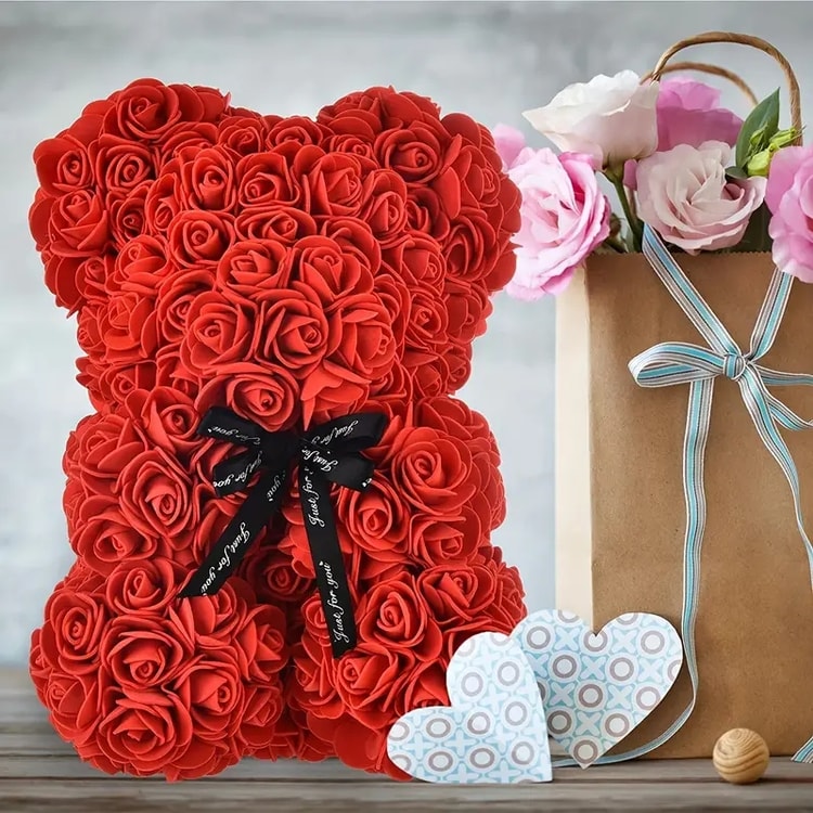 Valentine's Rose Bear Gift – Red Artificial Flower Bear for Wife, Girlfriend & Romantic Occasions