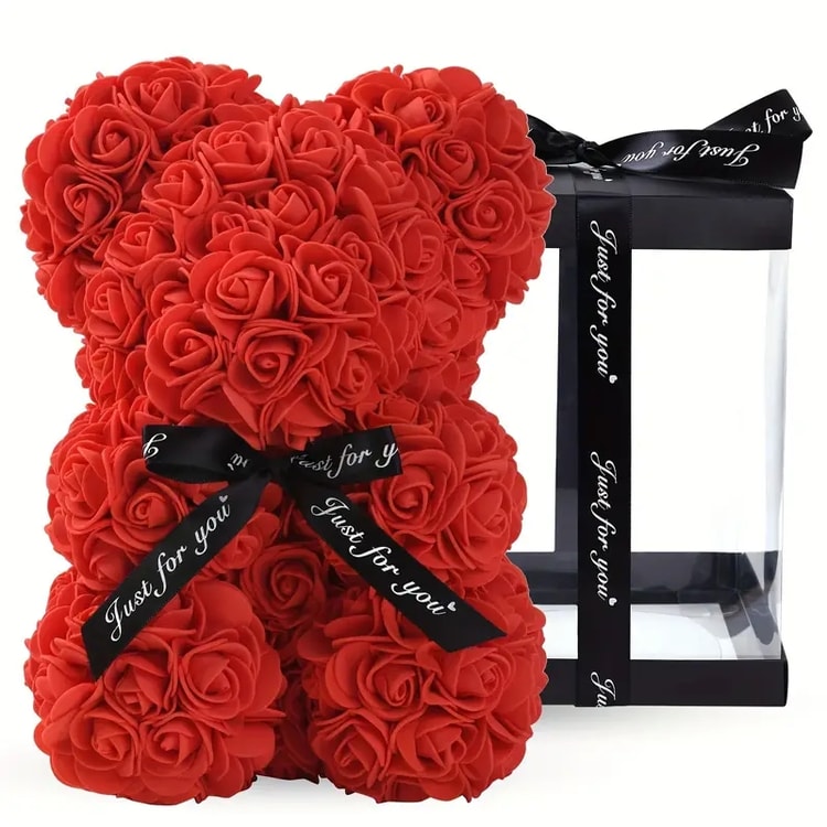 Valentine's Rose Bear Gift – Red Artificial Flower Bear for Wife, Girlfriend & Romantic Occasions