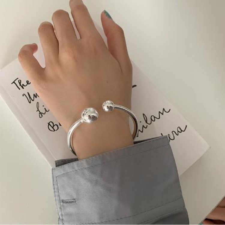 925 Sterling Silver Two Ball Bangle – Simple Open Design Bracelet for Women