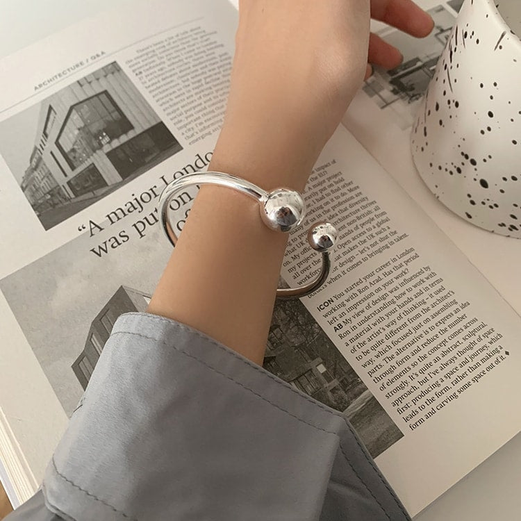 925 Sterling Silver Two Ball Bangle – Simple Open Design Bracelet for Women