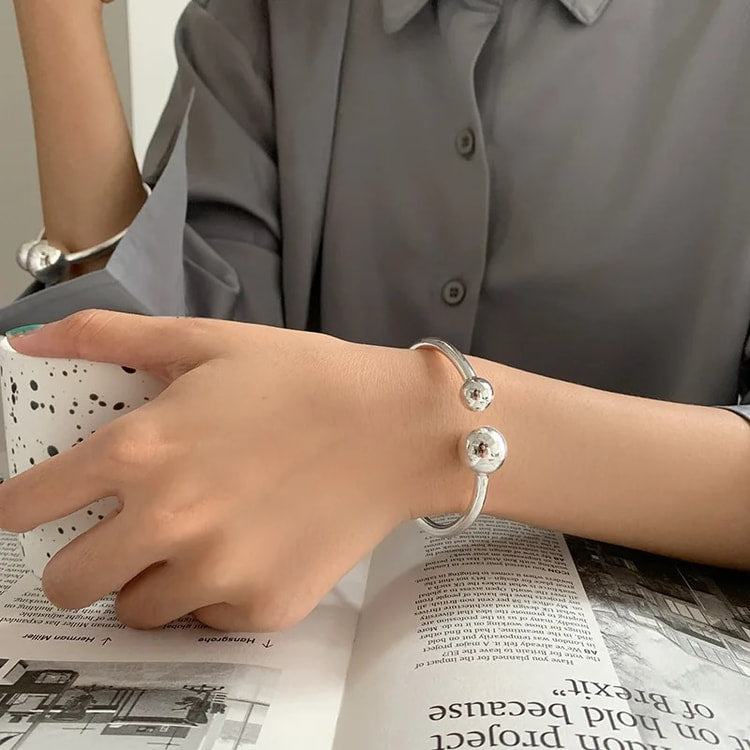 925 Sterling Silver Two Ball Bangle – Simple Open Design Bracelet for Women