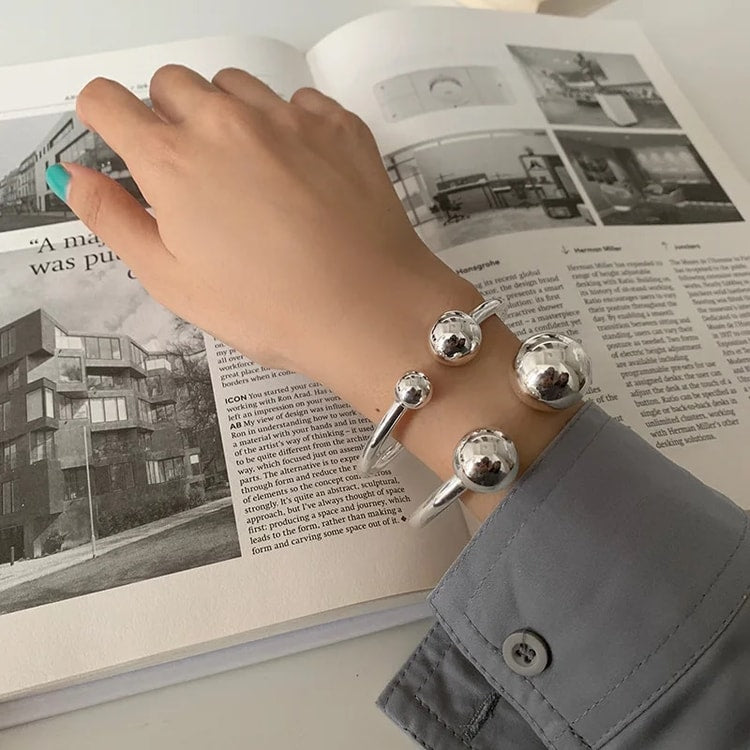 925 Sterling Silver Two Ball Bangle – Simple Open Design Bracelet for Women