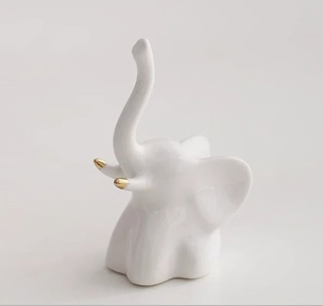 Gold and White Ceramic Elephant Statue Pair Small Decorative Accents for Living Room