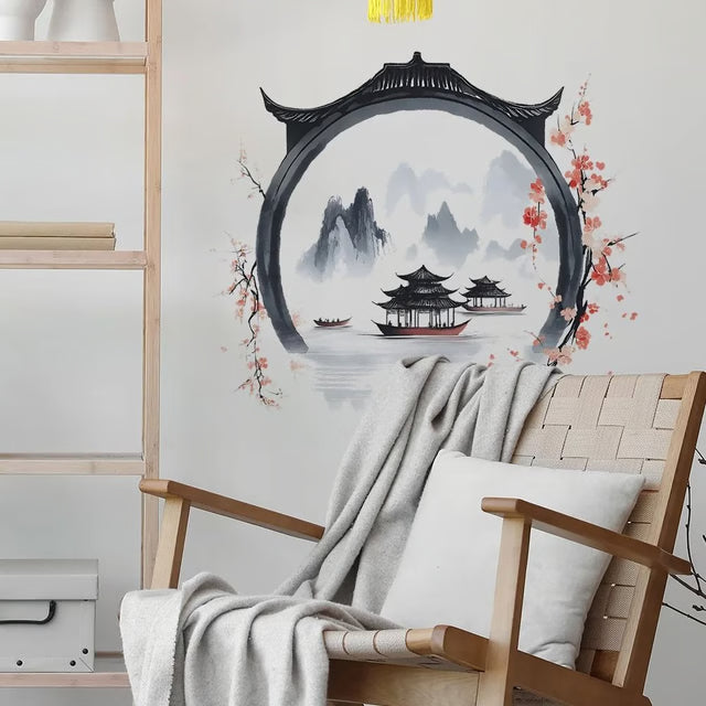 Watercolor Landscape Wall Sticker Chinese Style PVC Art Mural for Living Room and Bedroom Decor