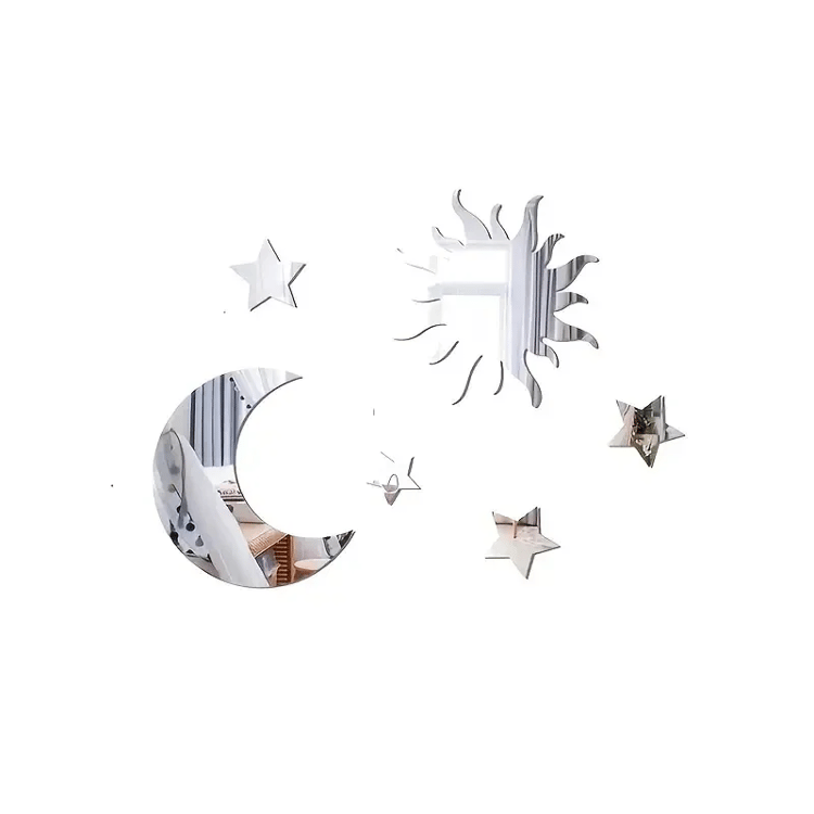 6 Pcs Star & Moon Mirror Wall Stickers – Decorative Celestial Wall Decals for Ramadan, Eid, Bedroom & Living Room