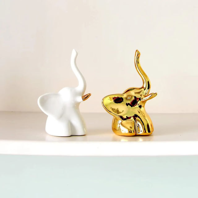 Gold and White Ceramic Elephant Statue Pair Small Decorative Accents for Living Room