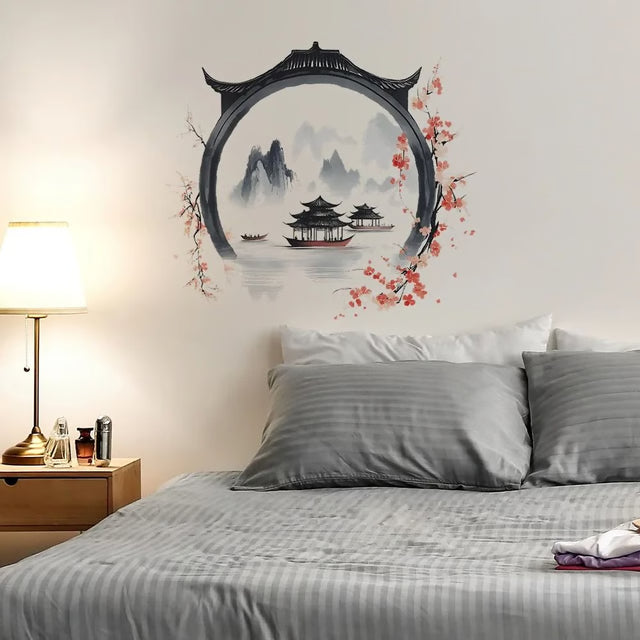 Watercolor Landscape Wall Sticker Chinese Style PVC Art Mural for Living Room and Bedroom Decor