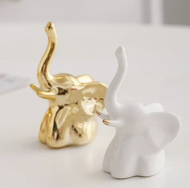 Gold and White Ceramic Elephant Statue Pair Small Decorative Accents for Living Room