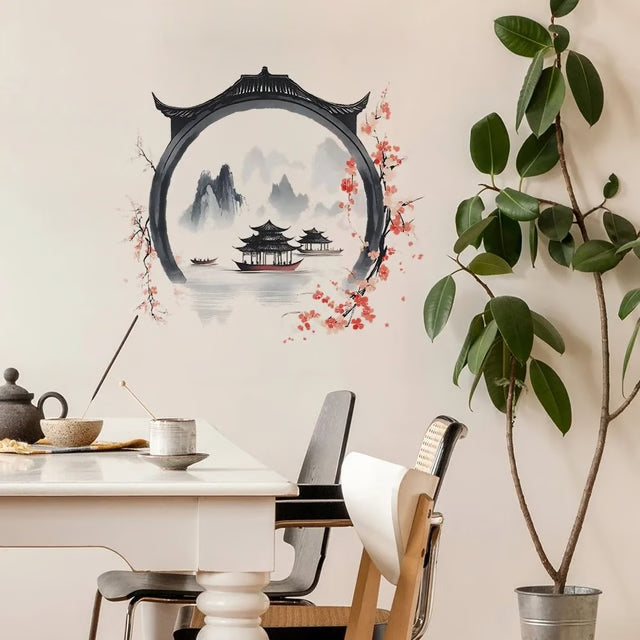 Watercolor Landscape Wall Sticker Chinese Style PVC Art Mural for Living Room and Bedroom Decor