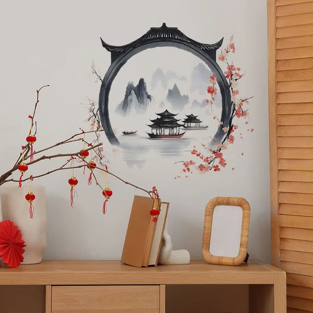 Watercolor Landscape Wall Sticker Chinese Style PVC Art Mural for Living Room and Bedroom Decor