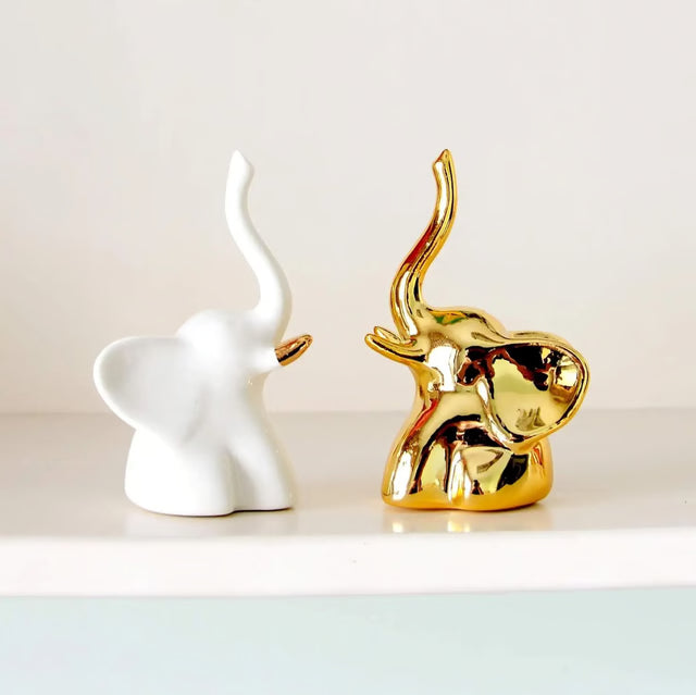 Gold and White Ceramic Elephant Statue Pair Small Decorative Accents for Living Room