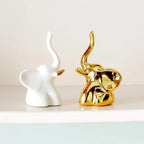Gold and White Ceramic Elephant Statue Pair Small Decorative Accents for Living Room